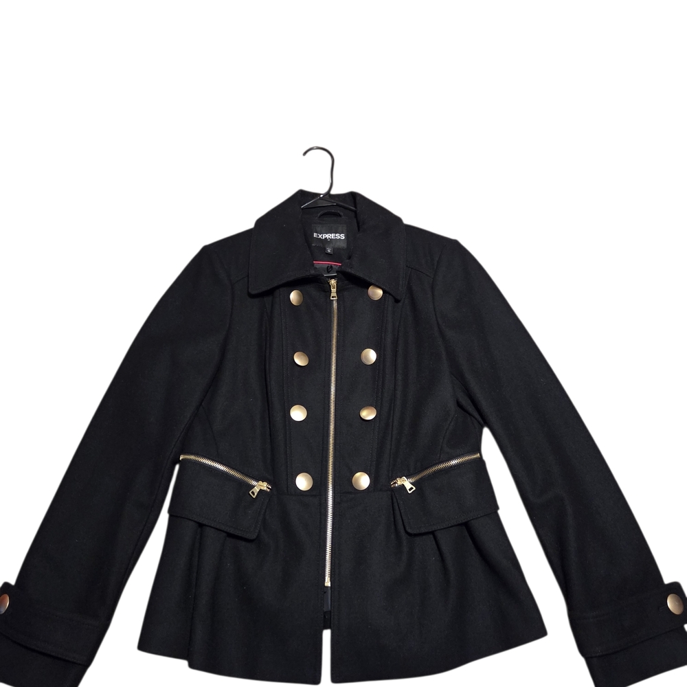Express Black Trench Coat with Gold Accents
